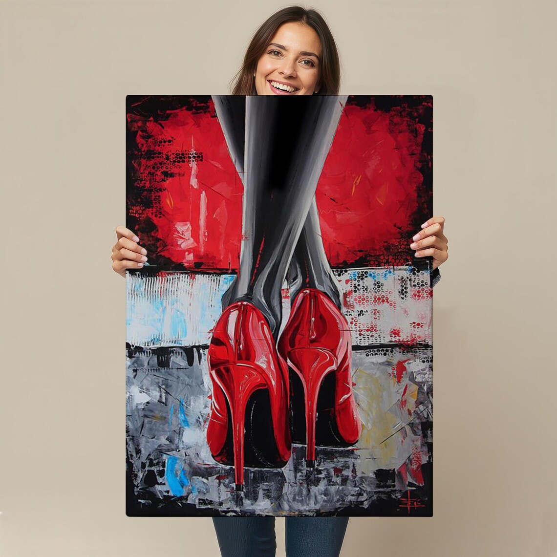 Red High Heels Woman Legs Grungy Abstract Background Glamour Art Poster - Image 4
