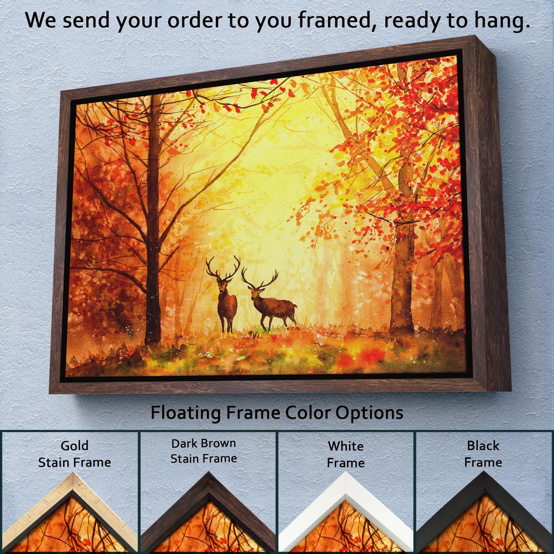 Two Stags Golden Autumn Forest Mist Warm Glowing Wildlife Painting - Image 3