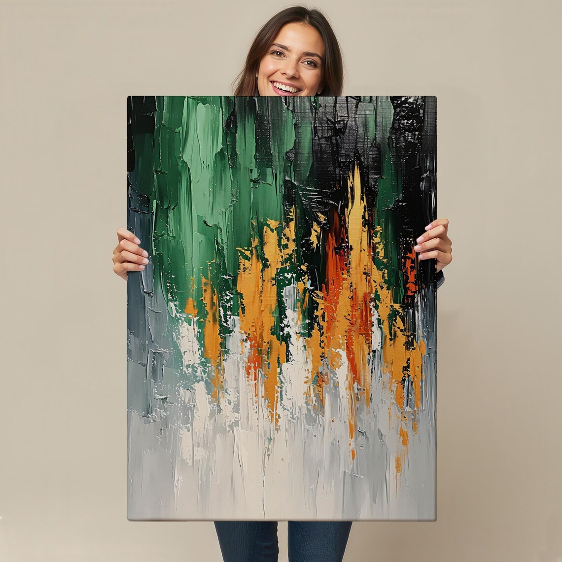 Abstract Impasto Oil Painting In Green Black Orange And White Wall Art - Image 4