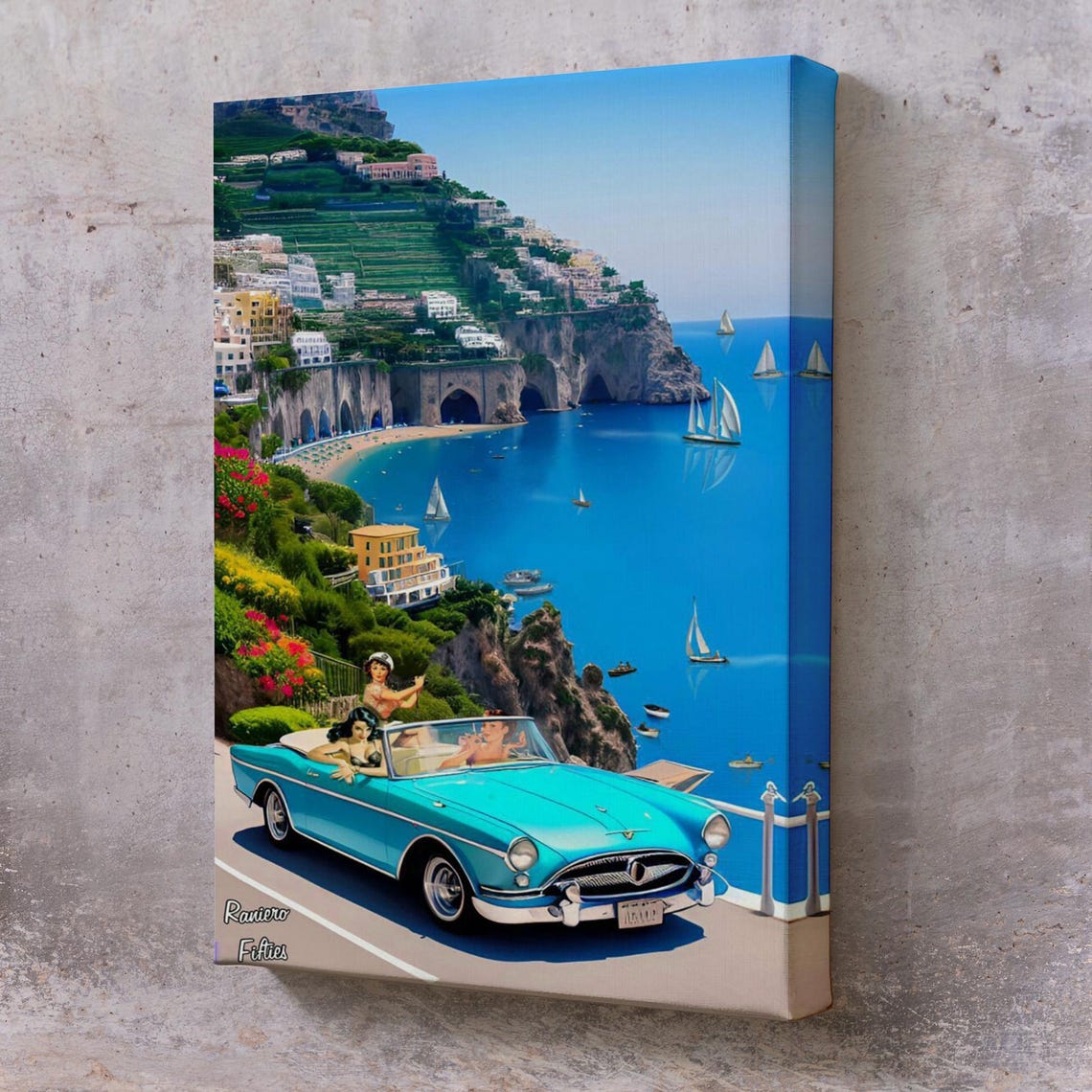 Amalfi Coast Classic Turquoise Convertible Retro 1950s Drive Poster