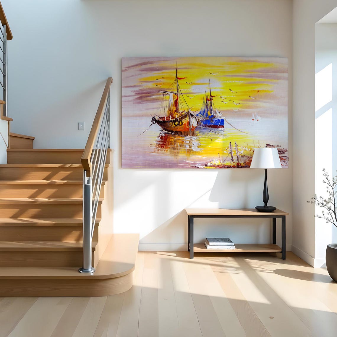 Two Sailboats Moored at Golden Sunset Seagull Sky Seascape Wall Art - Image 2