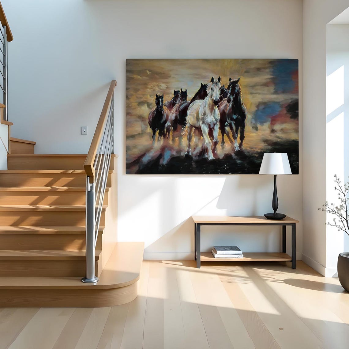 Galloping Wild Horses Herd Dusty Sunset Oil Painting Art Poster - Image 2