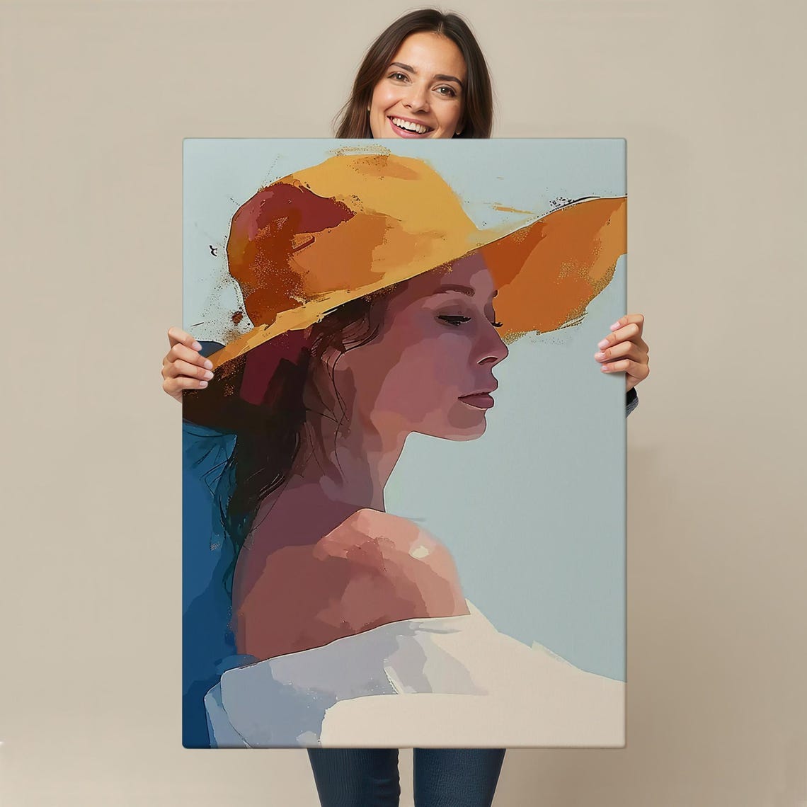 Abstract Woman Yellow Sun Hat Summer Profile Watercolor Art Poster - Image 4