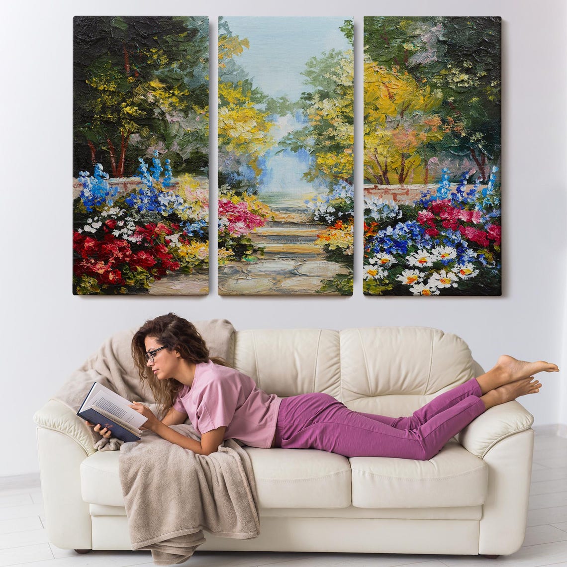 Sunlit Garden Path Blooming Flowers Stone Steps Oil Painting Print - Image 3