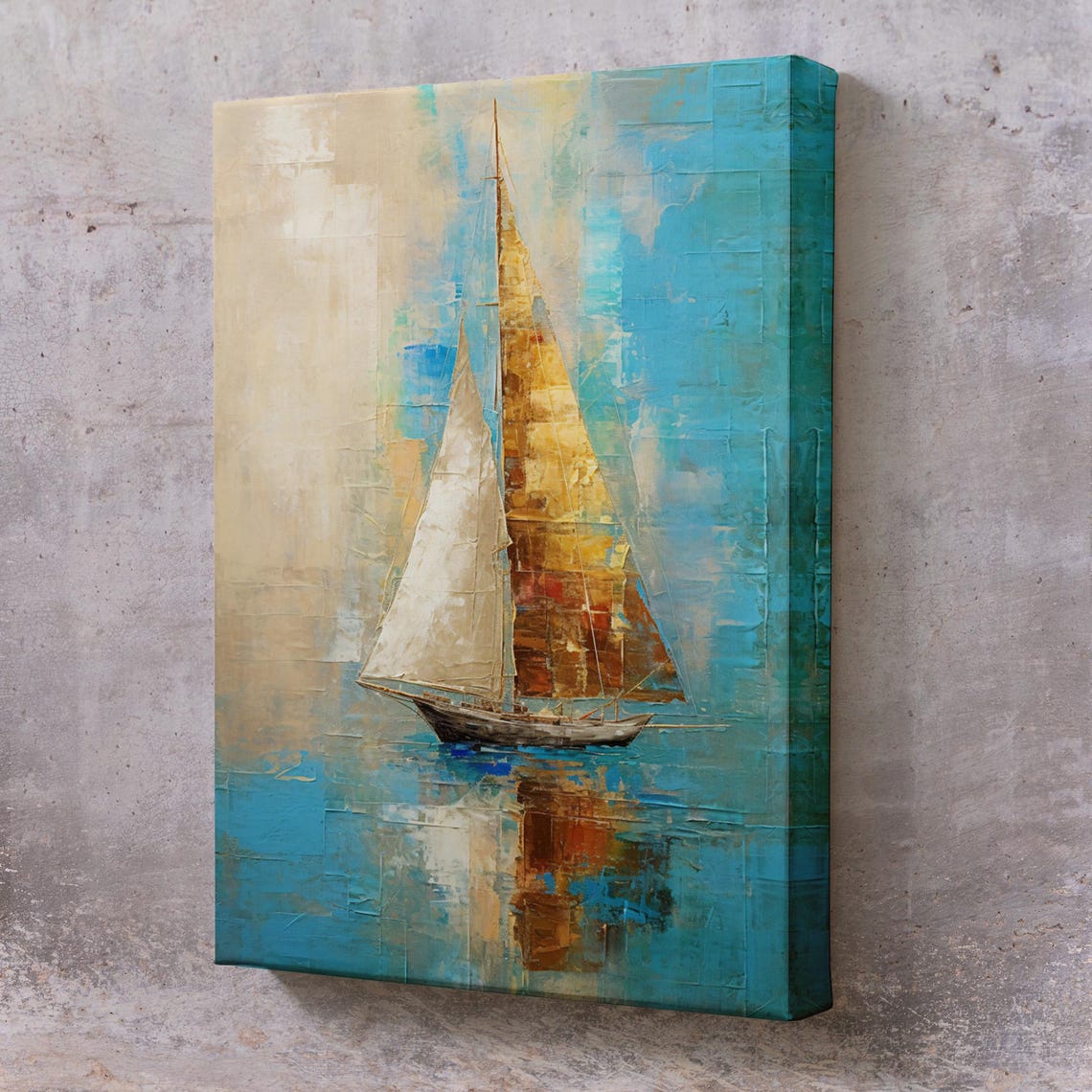 Sailboat Turquoise Sea Abstract Textured Gold Sails Nautical Poster