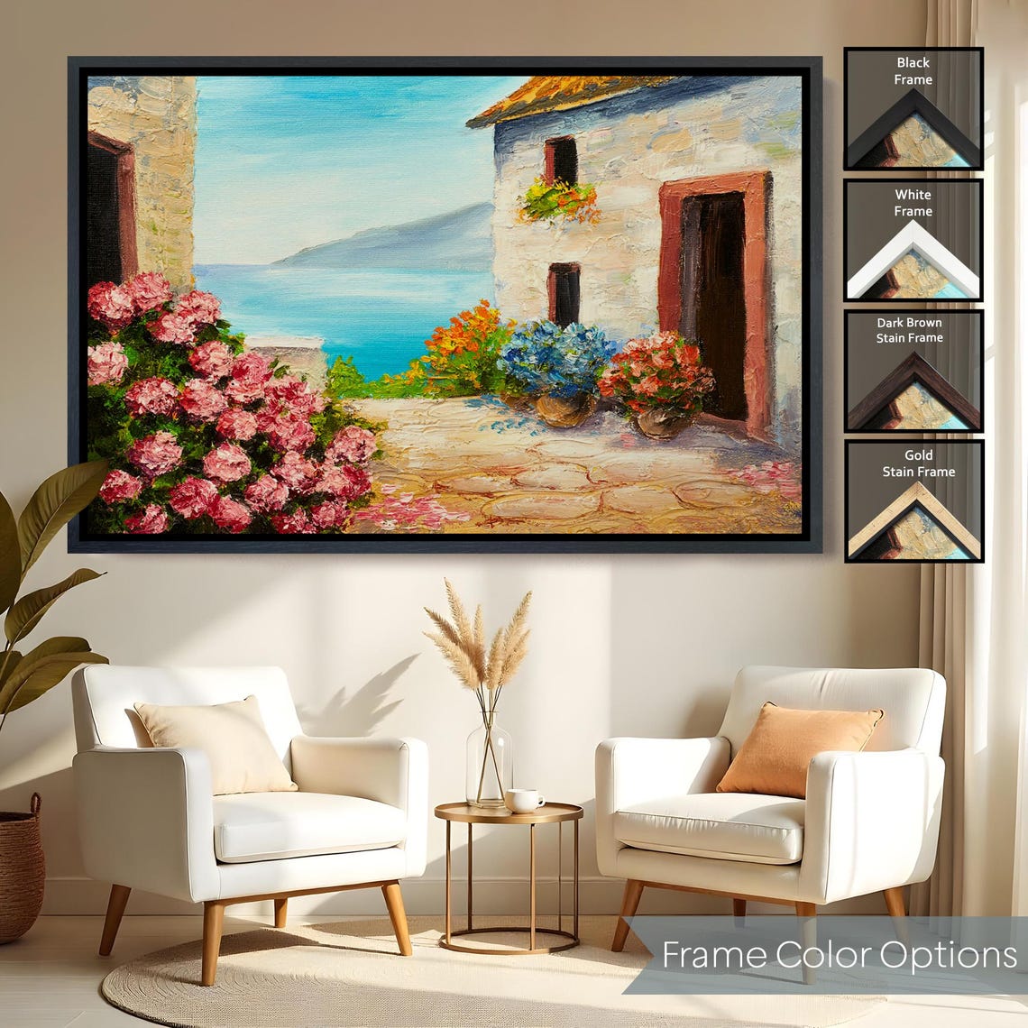 Mediterranean Stone Cottage With Flowers Beautiful Seaside Art Poster - Image 2