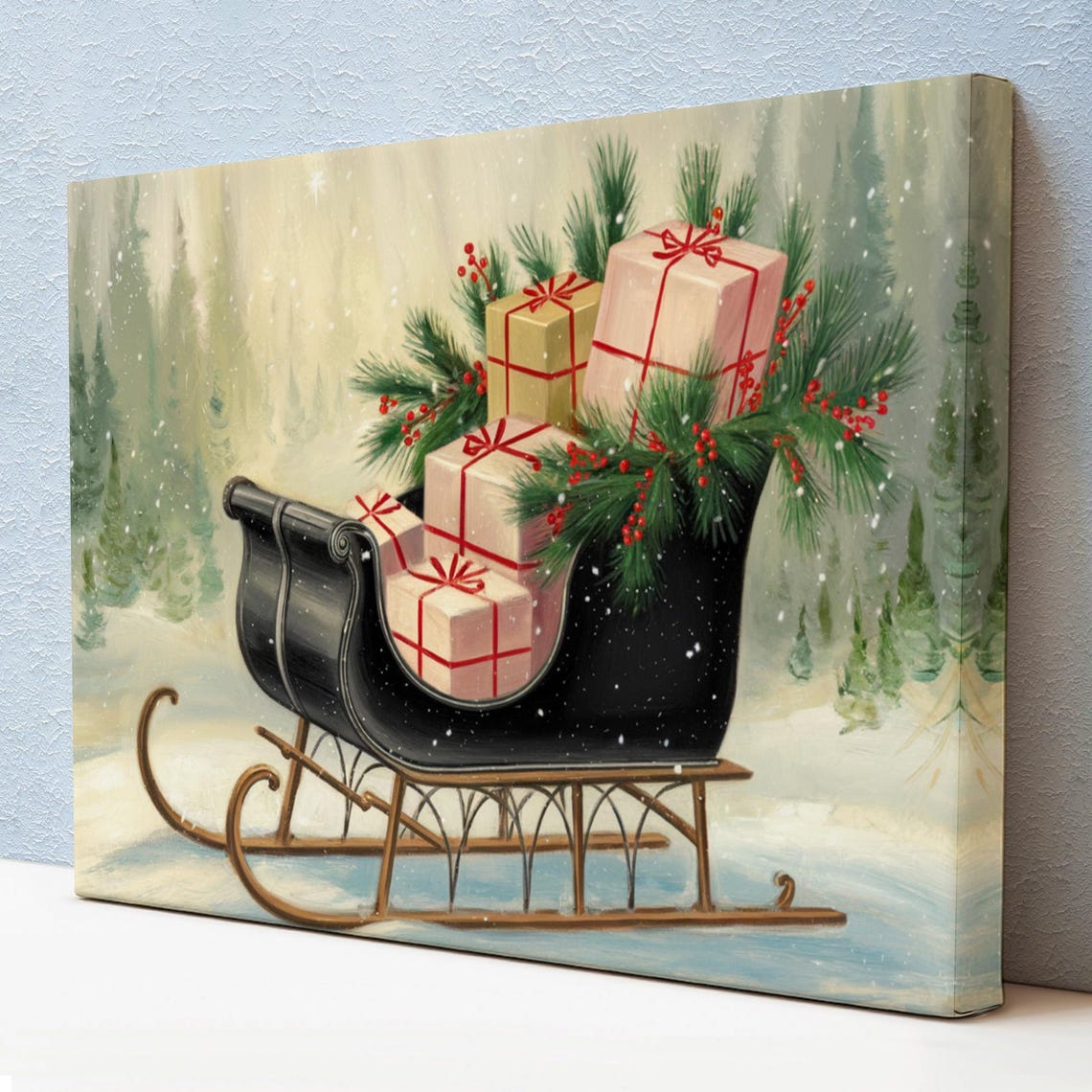 Vintage Black Sleigh Christmas Gifts Pine Snowy Forest Holiday Poster