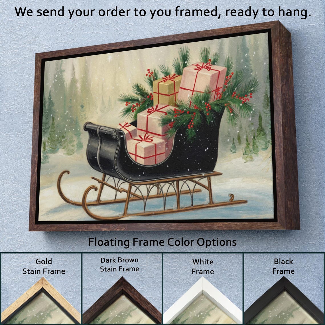 Vintage Black Sleigh Christmas Gifts Pine Snowy Forest Holiday Poster - Image 3