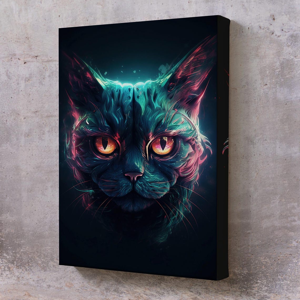 Neon Black Cat Glowing Eyes Dark Cyberpunk Pet Portrait Art Poster