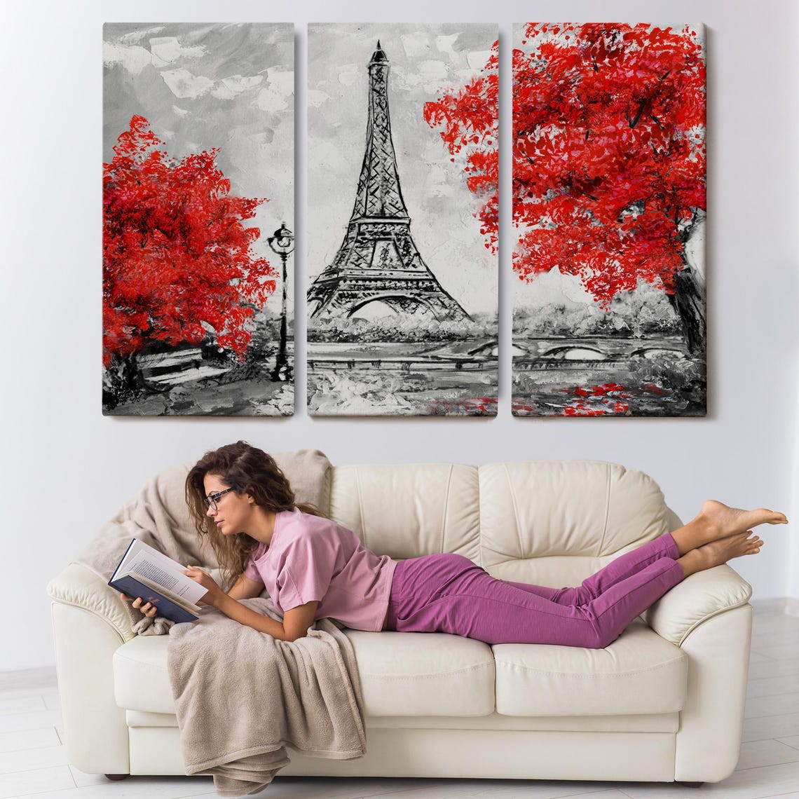 Paris Eiffel Tower Red Trees Black and White Romantic City Art Poster - Image 3