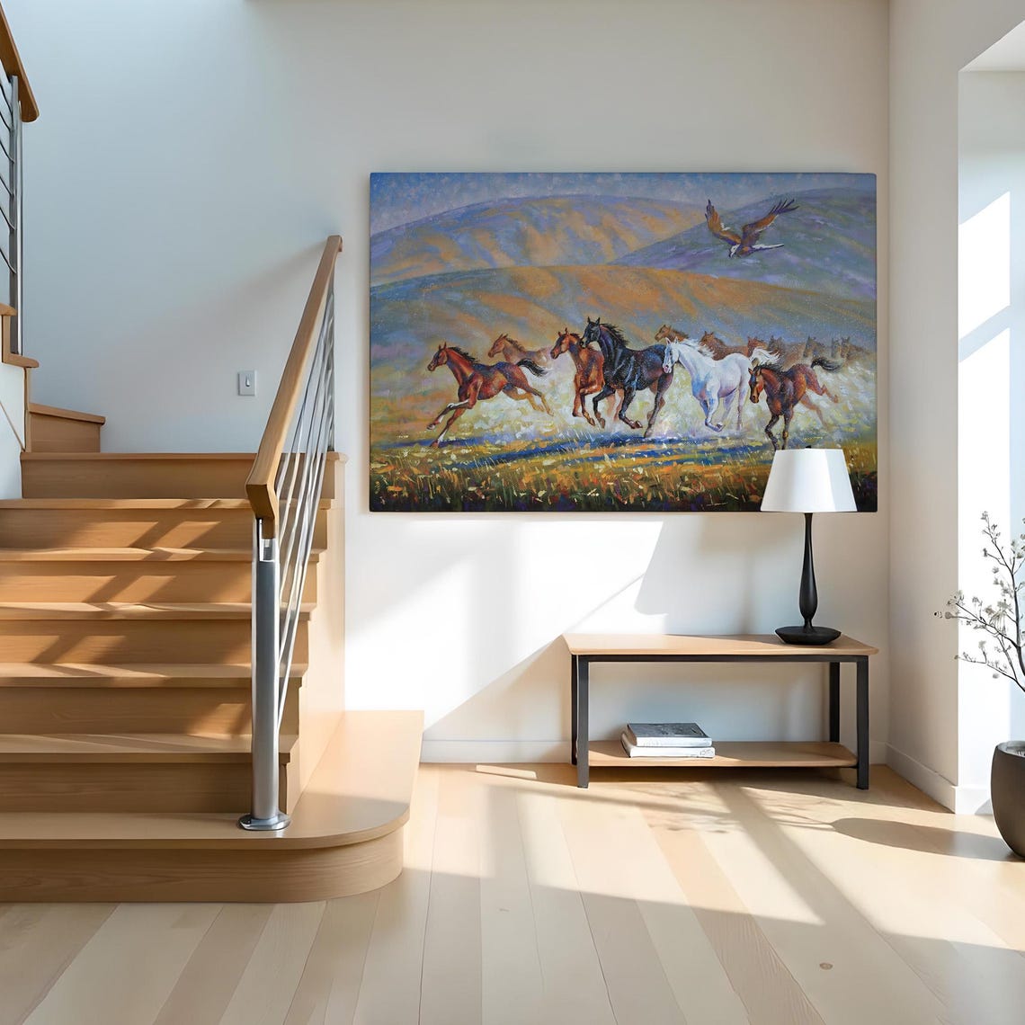 Wild Horses Galloping Herd Soaring Eagle Mountain Valley Wall Art - Image 2