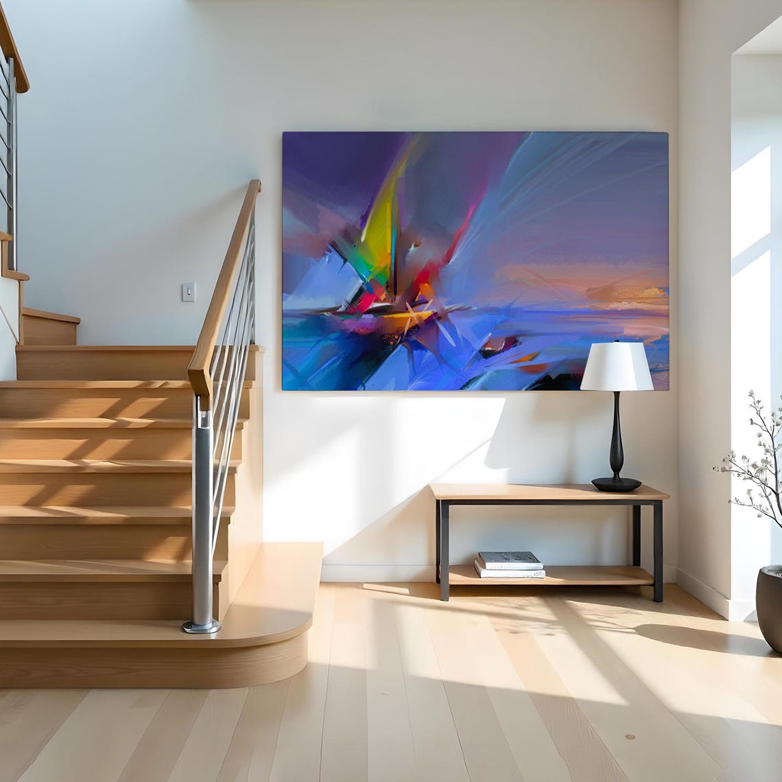 Abstract Sailboat Sweeping Brush Strokes Blue Violet Modern Art Print - Image 2