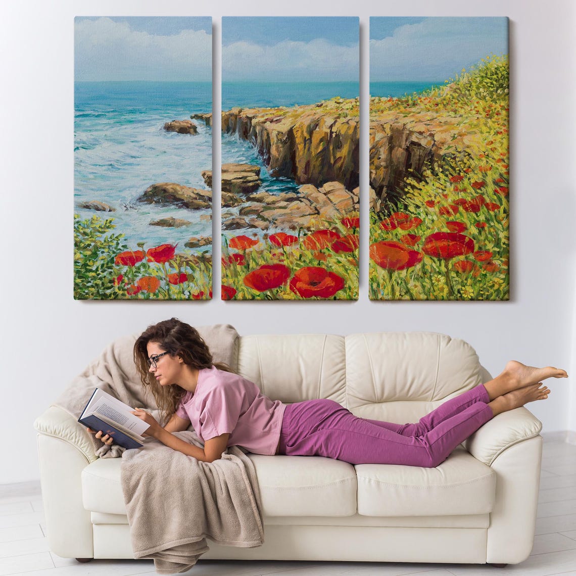 Rocky Ocean Coast Red Poppies Blue Sea Golden Cliffs Summer Poster - Image 3