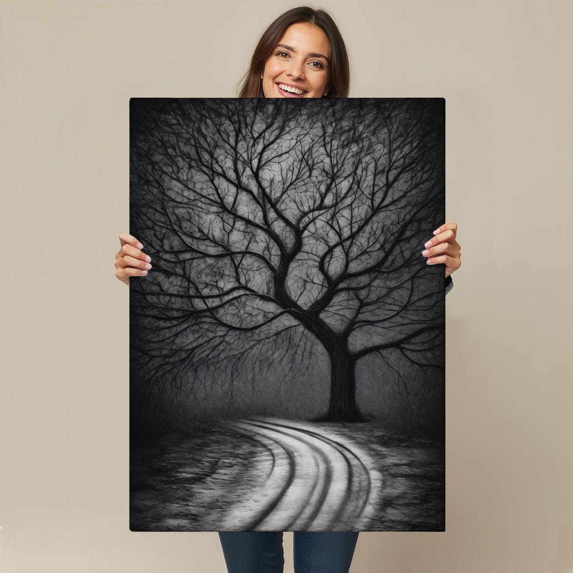 Mysterious Bare Tree In Dark Fog Winding Path Black White Art Poster - Image 4