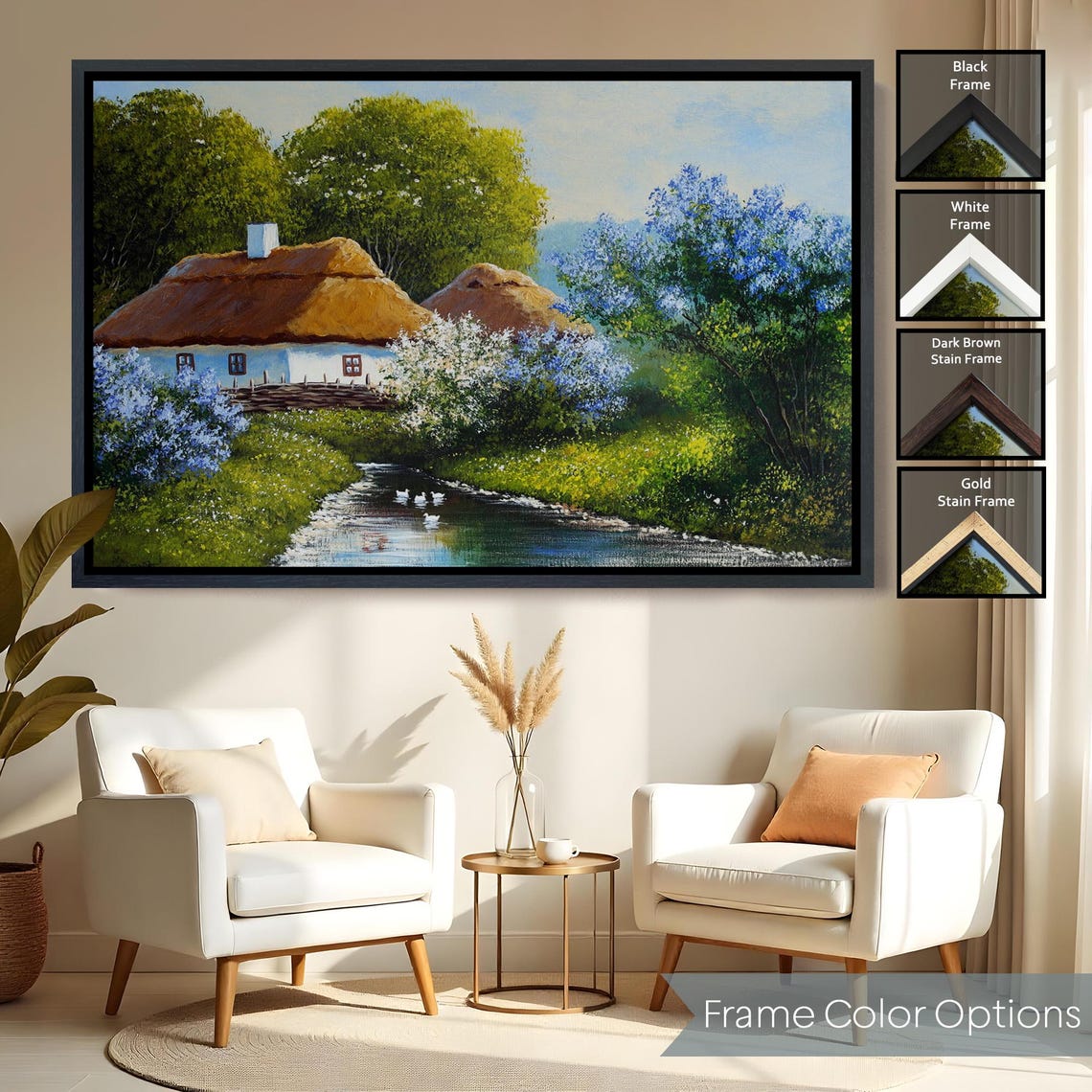 Thatched Roof Cottage By The Stream Lilac Garden Ducks Poster - Image 2