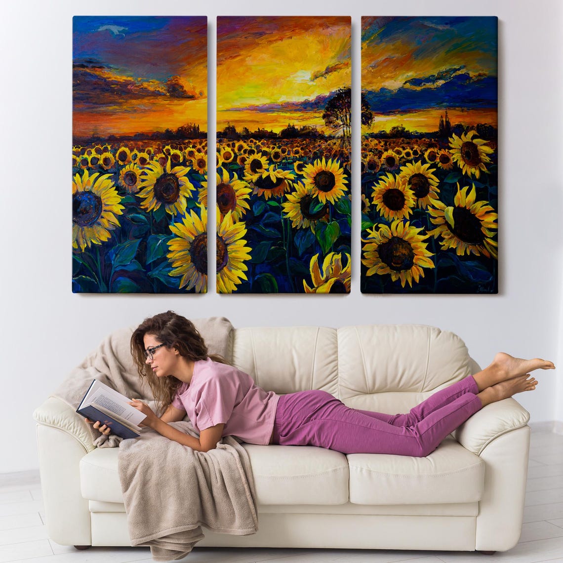 Sunflower Field Glowing Sunset Sky Vibrant Orange Impressionist Print - Image 3