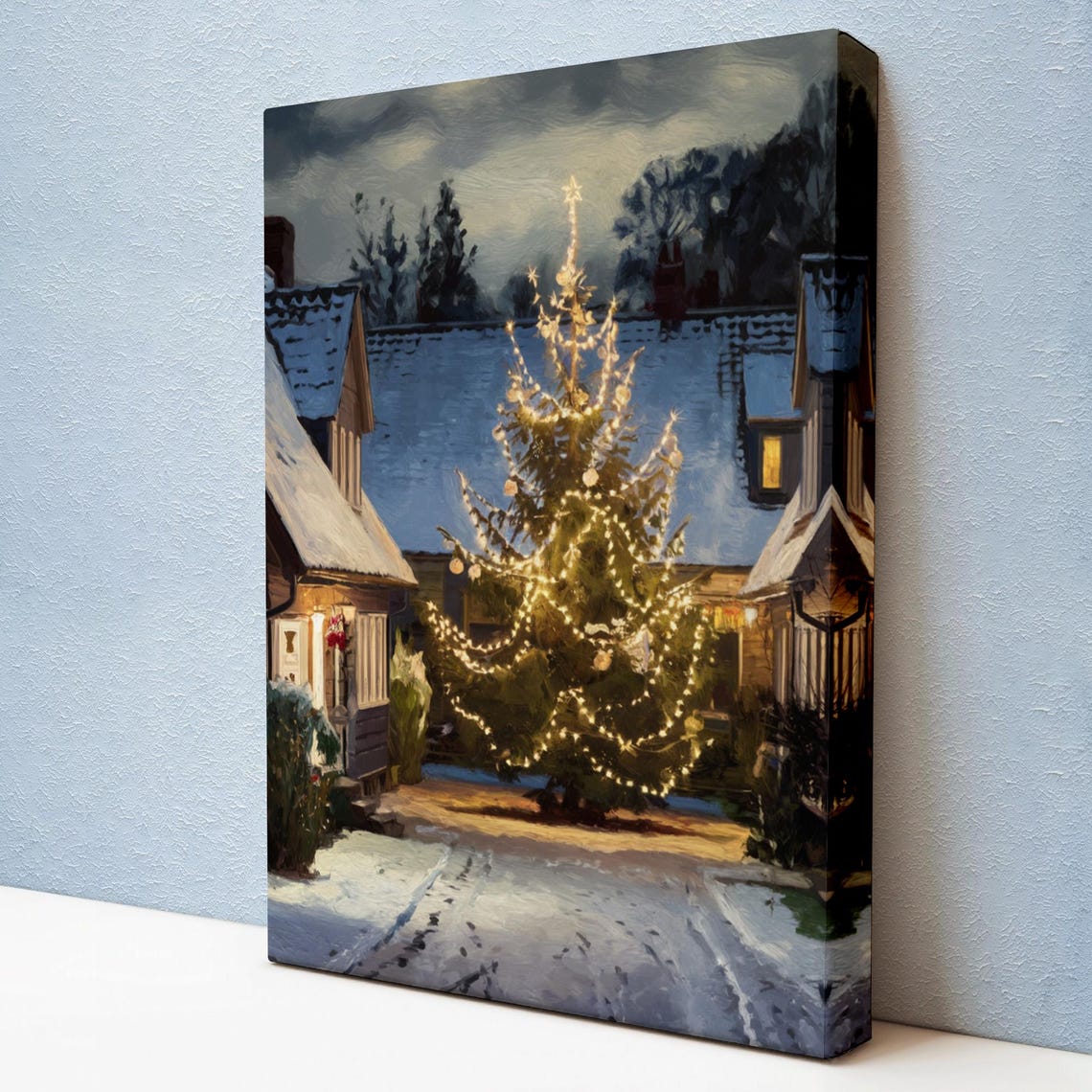 Snowy Village Christmas Tree Night Lights Cozy Winter Street Poster