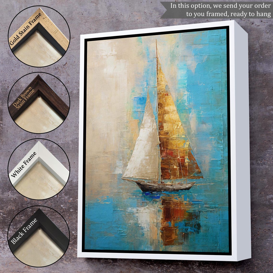 Sailboat Turquoise Sea Abstract Textured Gold Sails Nautical Poster - Image 3