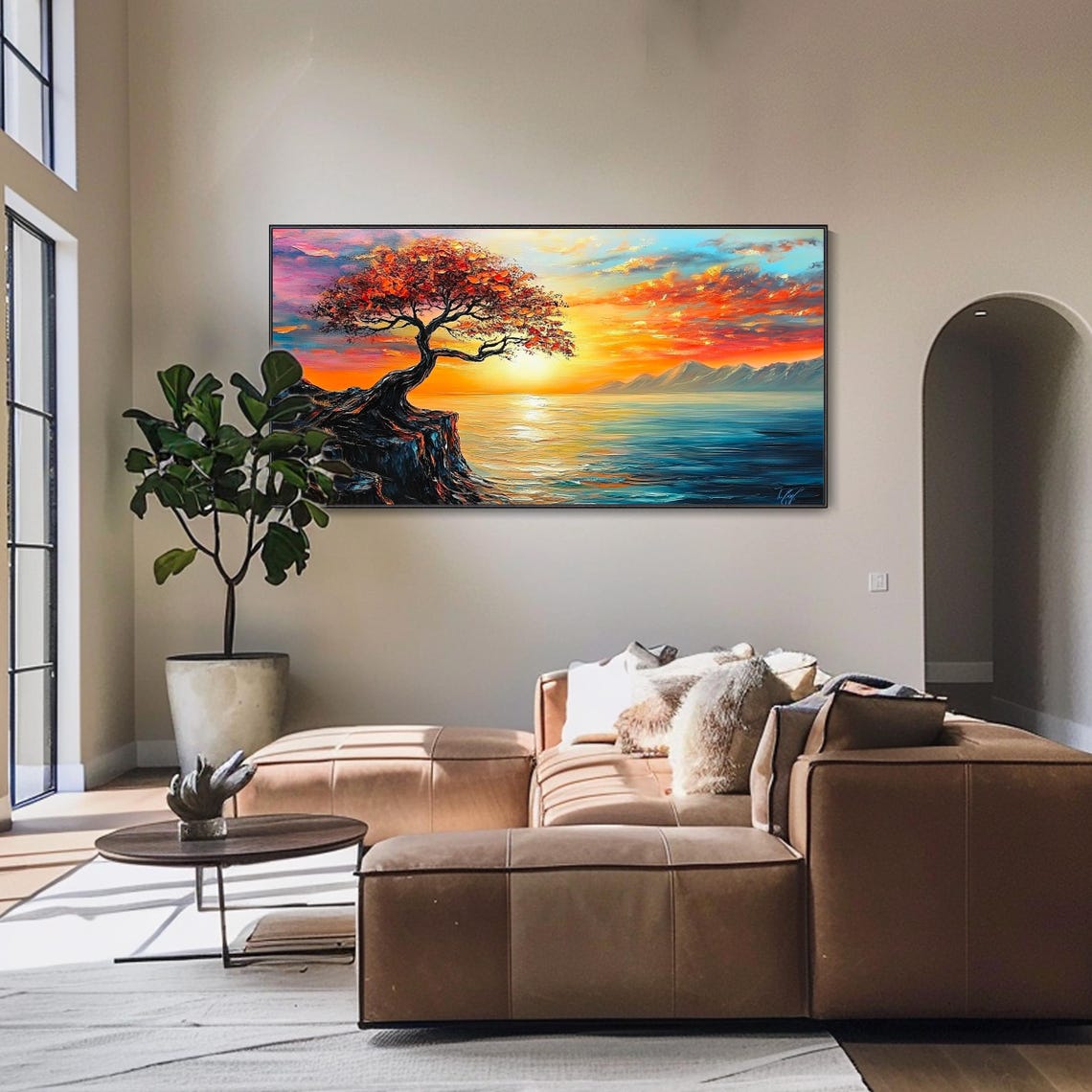 Lone Fiery Tree Cliff Sunset Ocean Golden Light Impasto Wall Art - Image 4