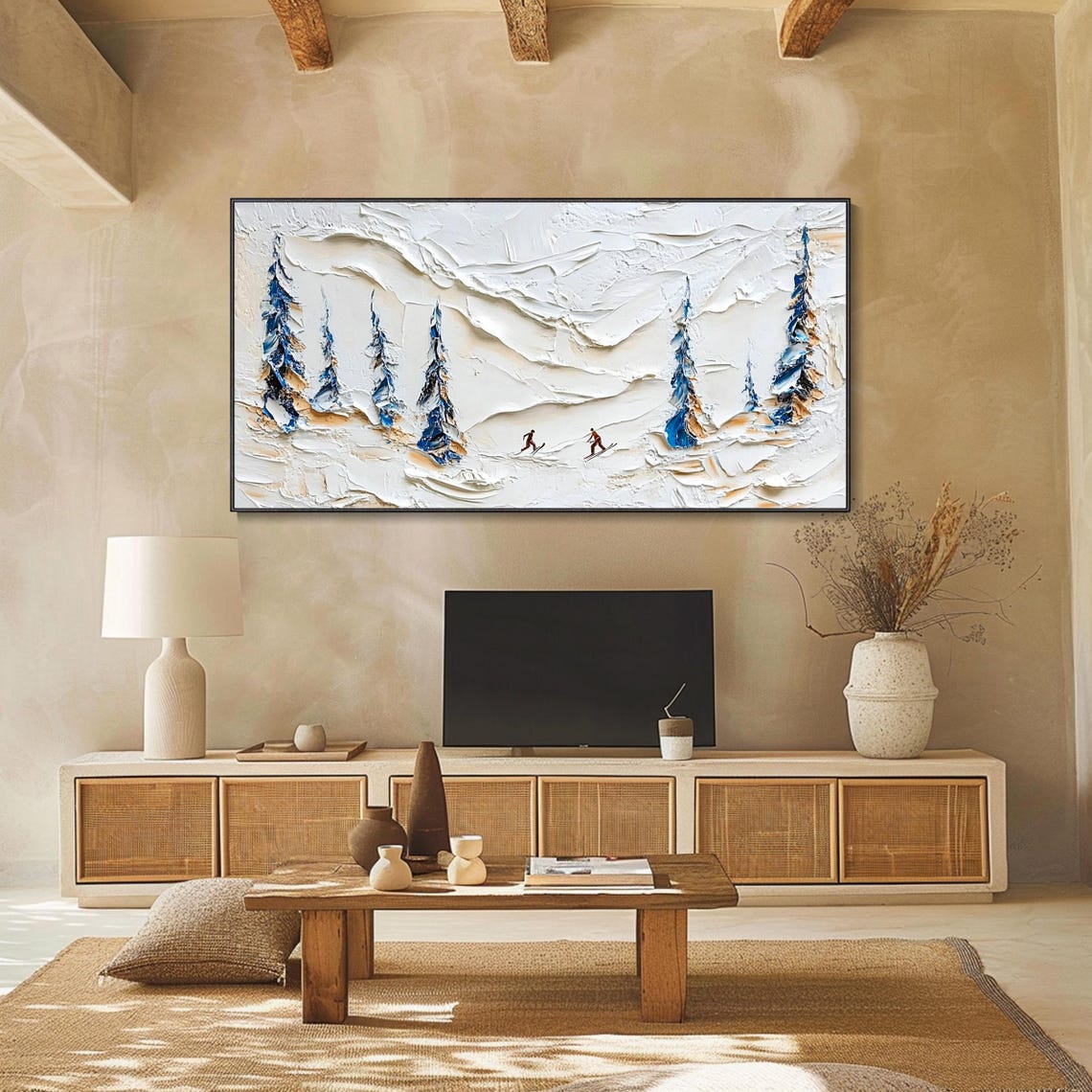 Skiers on Snowy Mountain Pines White Textured Winter Ski Art Poster - Image 2