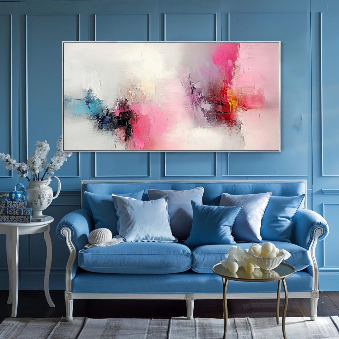 Soft Pink White Abstract Teal Accents Minimalist Modern Art Poster - Image 3