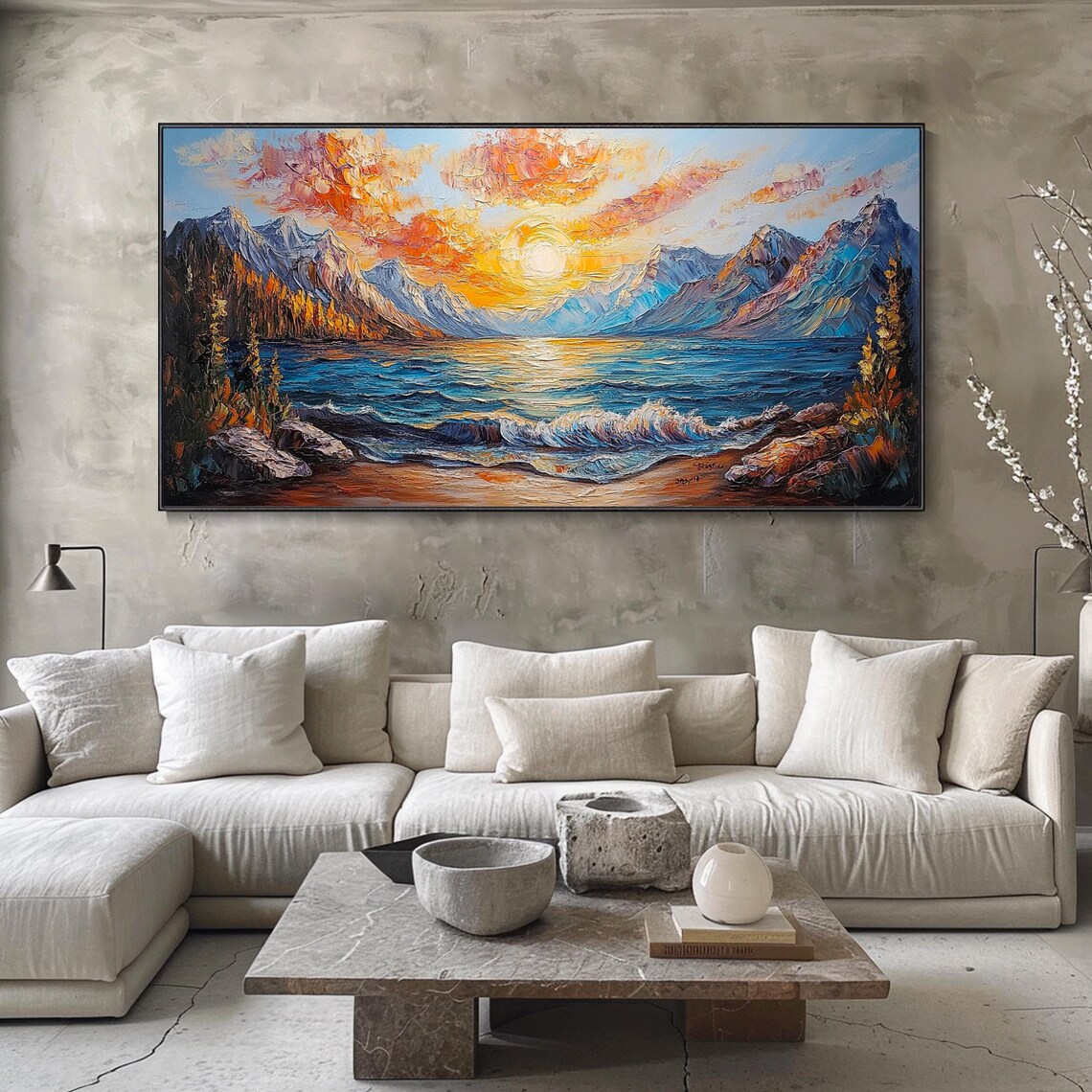 Golden Sunrise Mountain Lake Waves Snowy Peaks Impasto Art Poster - Image 3