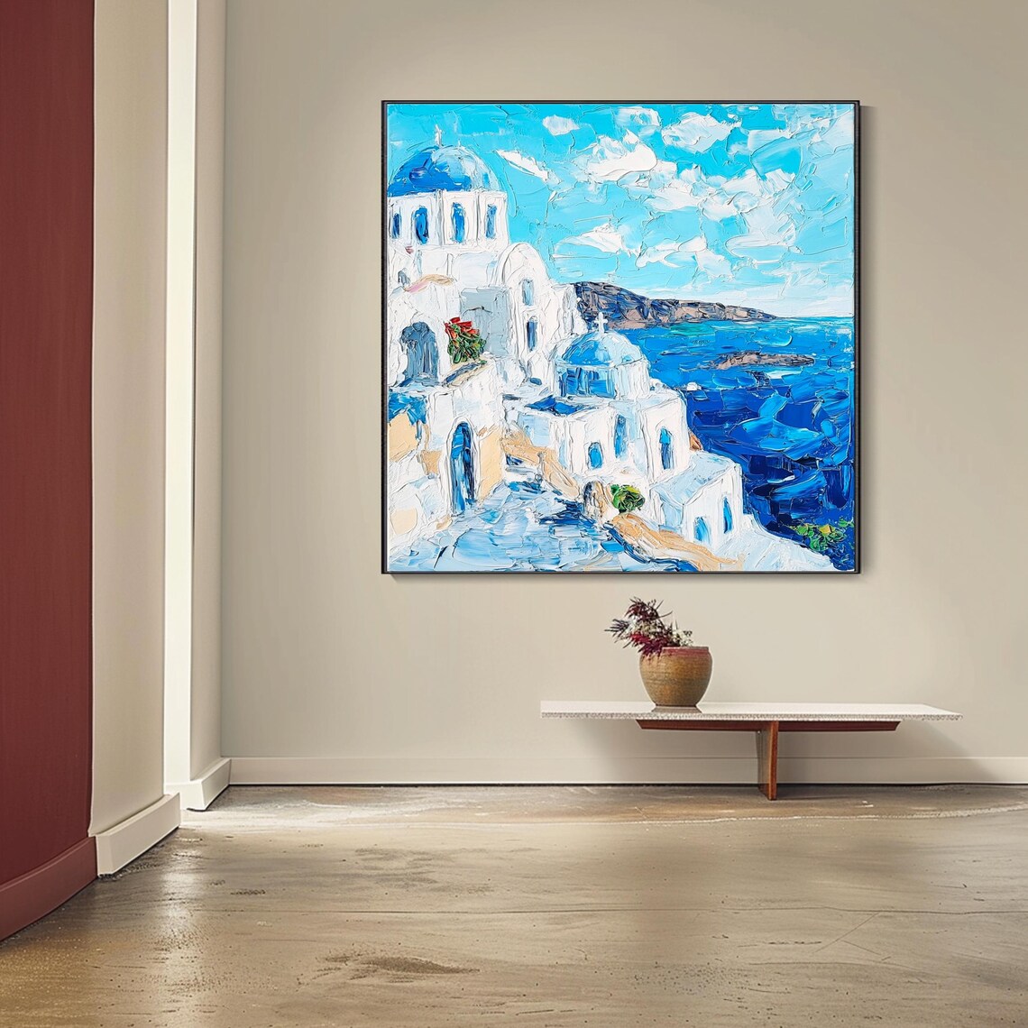 Santorini Greece White Buildings Blue Domes Aegean Sea Impasto Wall Art - Image 4