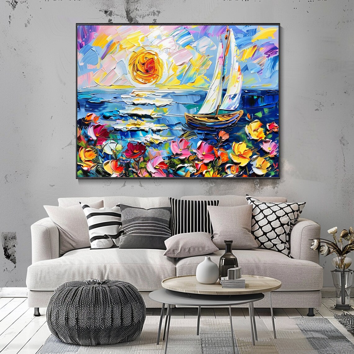Sunset Sailboat Blue Sea Colorful Wildflowers Impasto Art Poster - Image 2