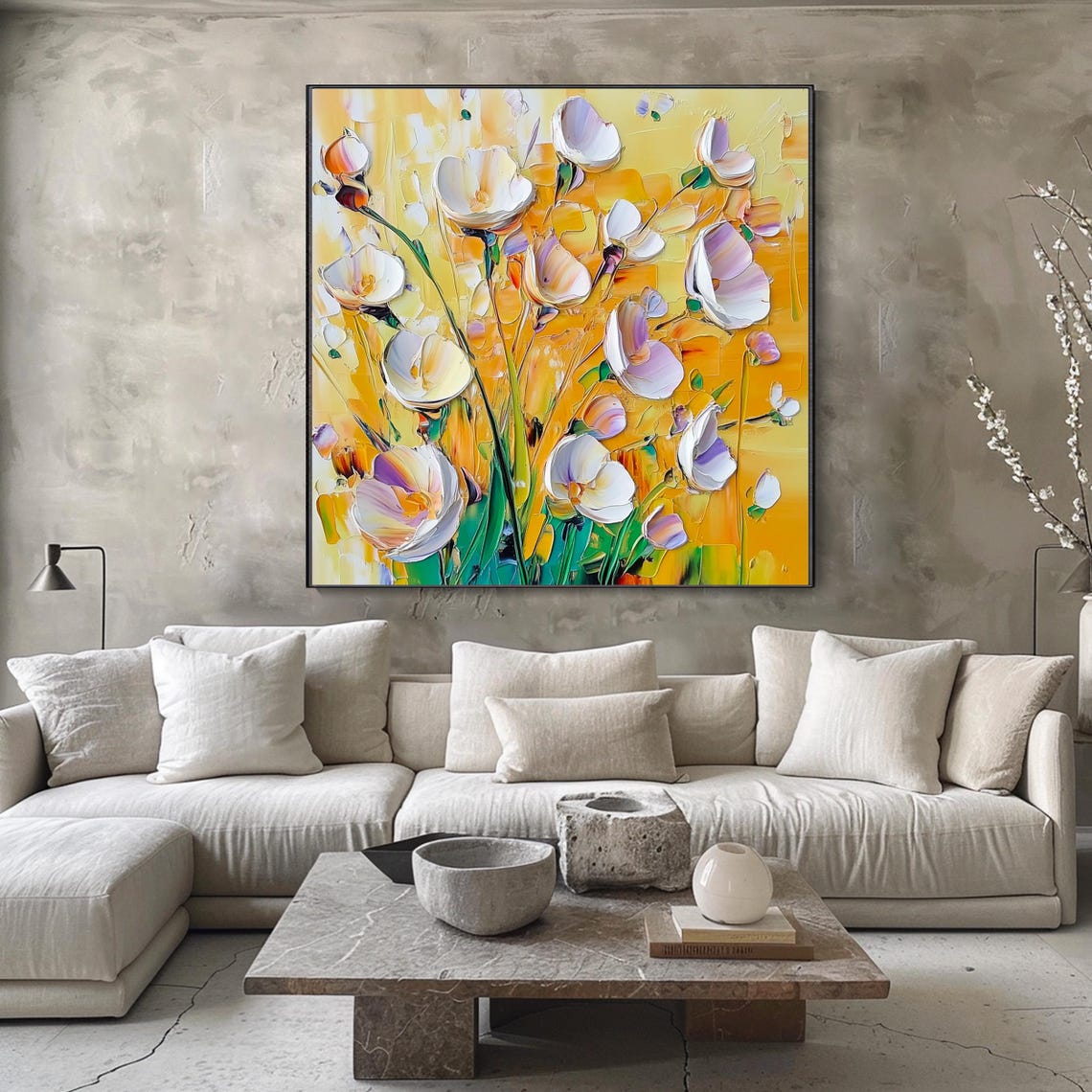 White Cosmos Flowers Golden Yellow Background Impasto Floral Wall Art - Image 4