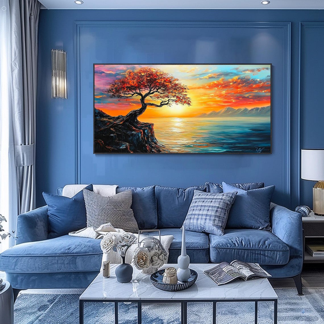 Lone Fiery Tree Cliff Sunset Ocean Golden Light Impasto Wall Art - Image 2