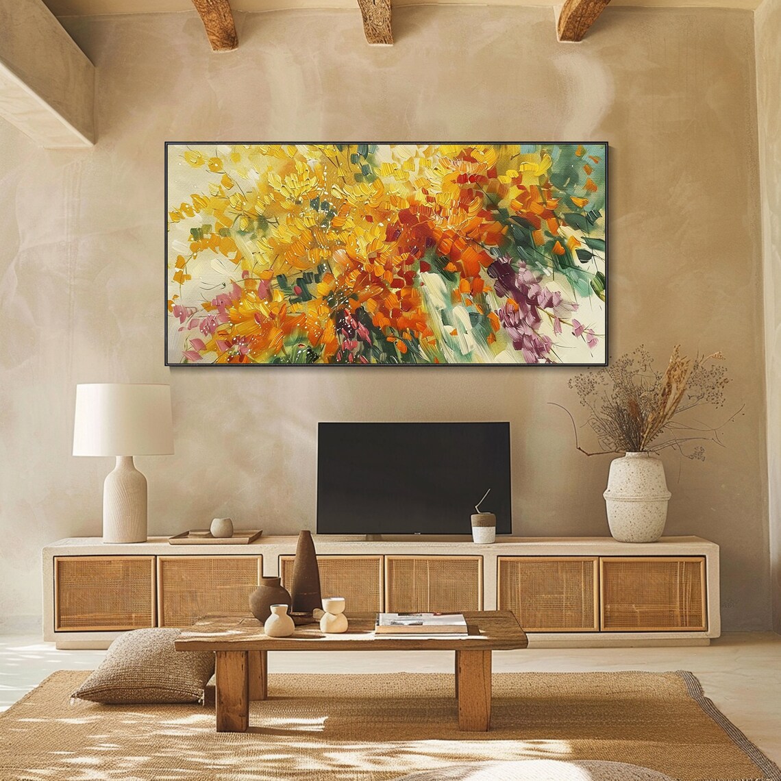 Golden Yellow Blossom Flowers Abstract Impasto Textured Art Poster - Image 2