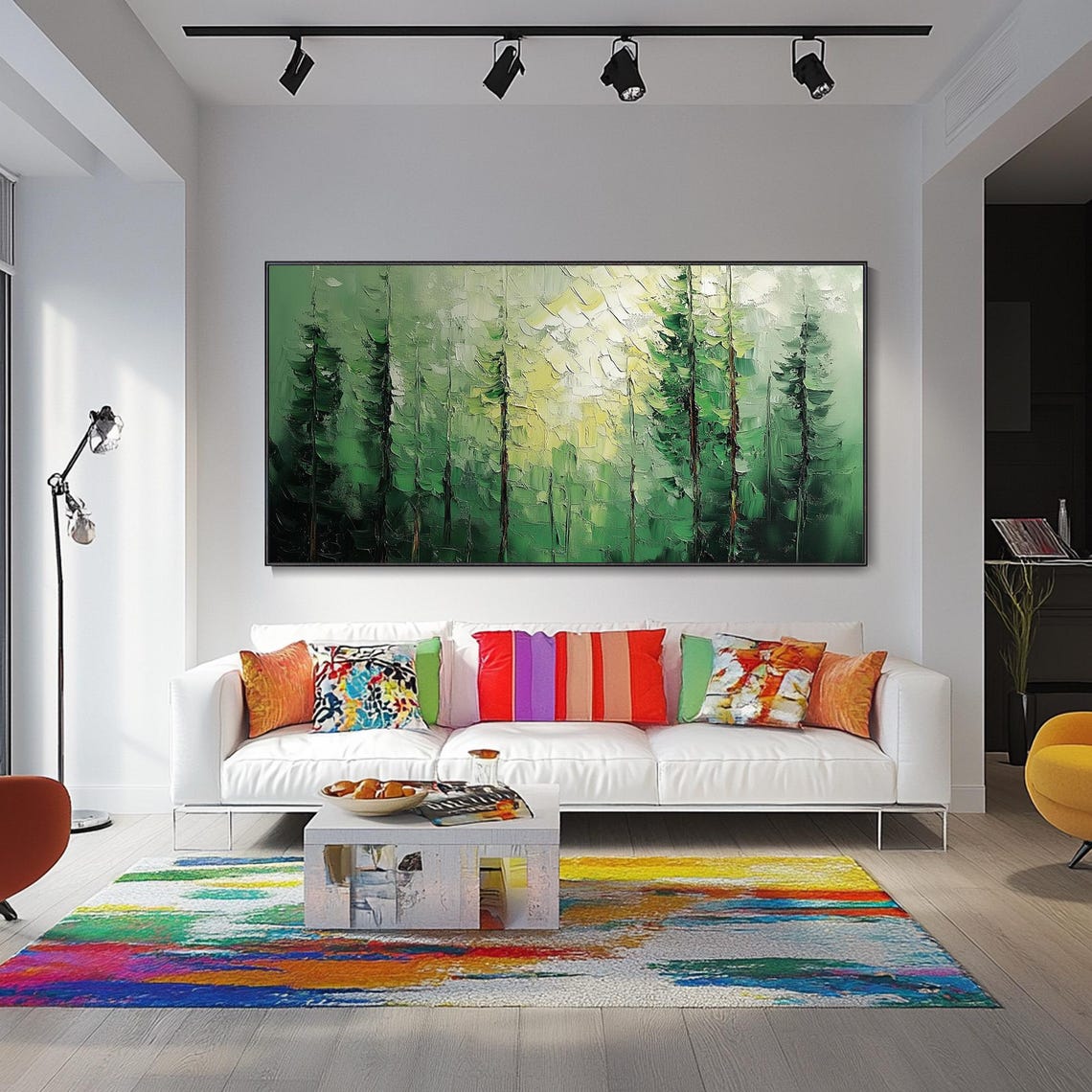 Green Forest Canopy Sunlight View Textured Impasto Tree Art Poster - Image 2