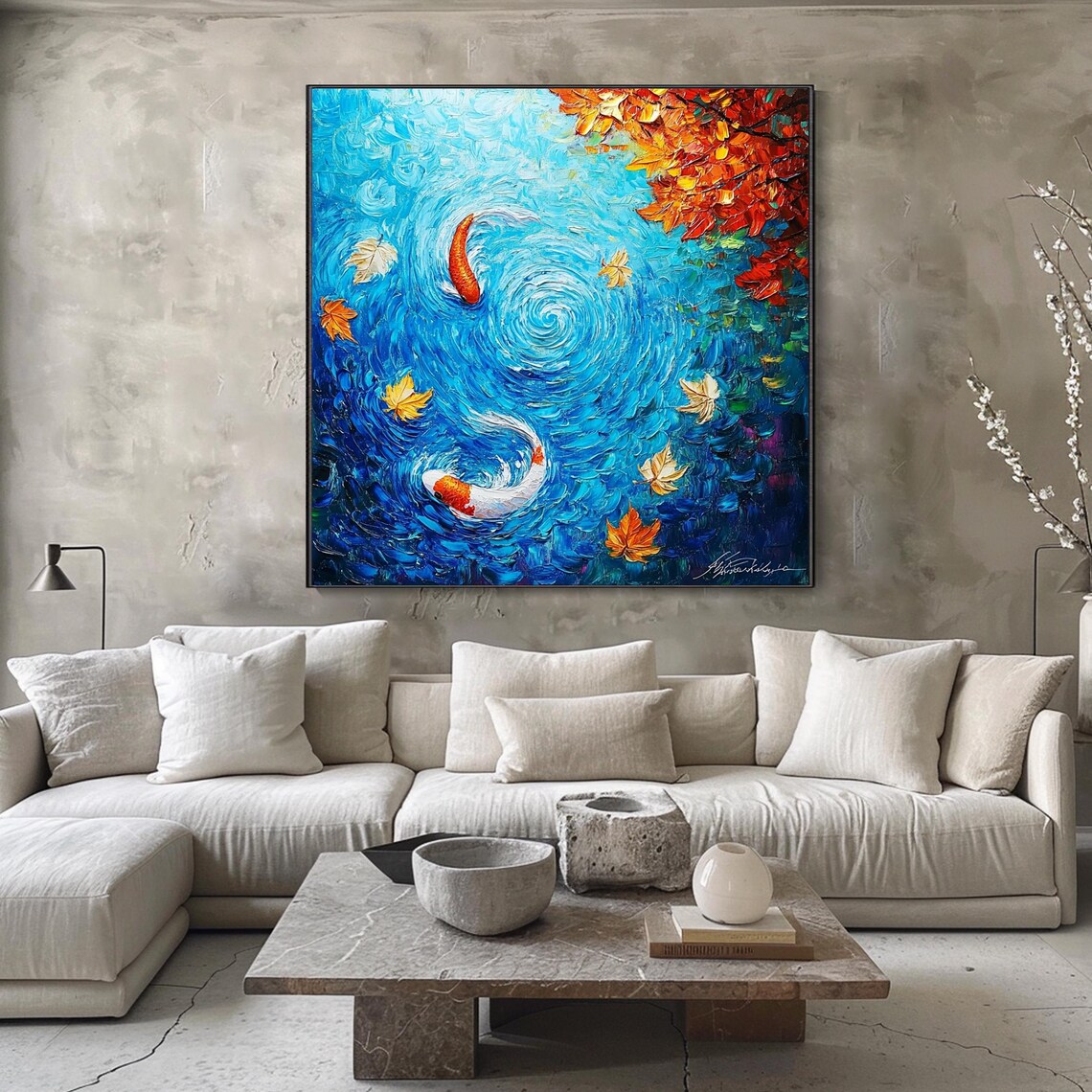 Vibrant Koi Fish Painting Large Oil Painting Of Koi Fish Abstract Fish Art Colorful Wall Art Modern Living Room Artwork Handmade Art - Image 3