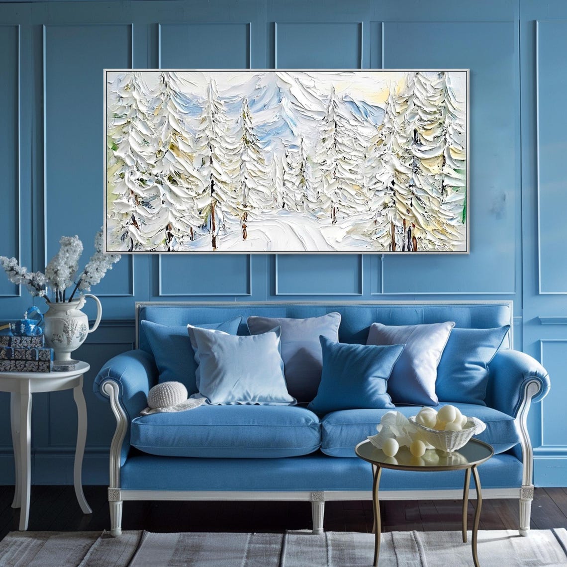 White Winter Wonderland Snowy Firs Mountains Textured Impasto Wall Art - Image 3