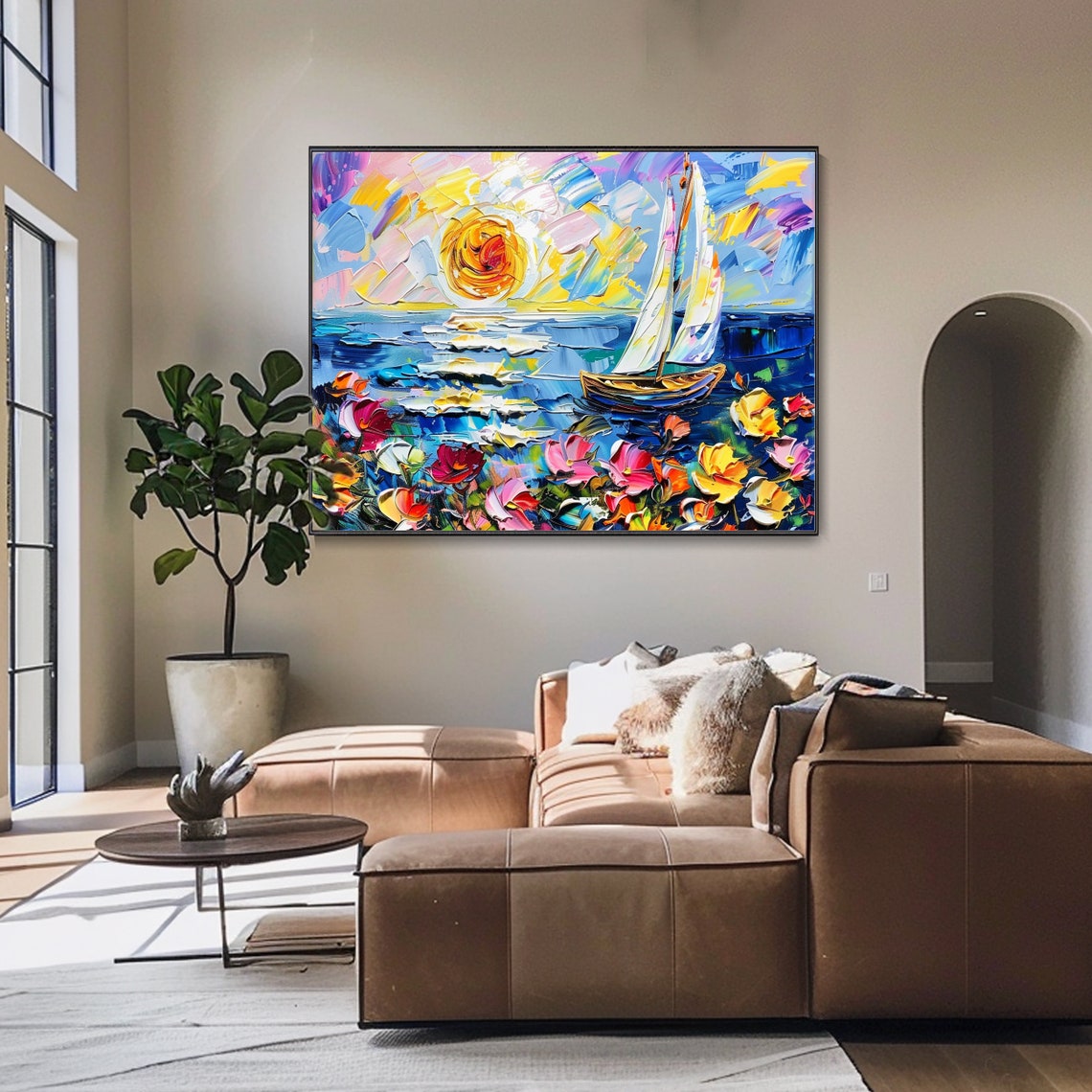 Sunset Sailboat Blue Sea Colorful Wildflowers Impasto Art Poster - Image 4