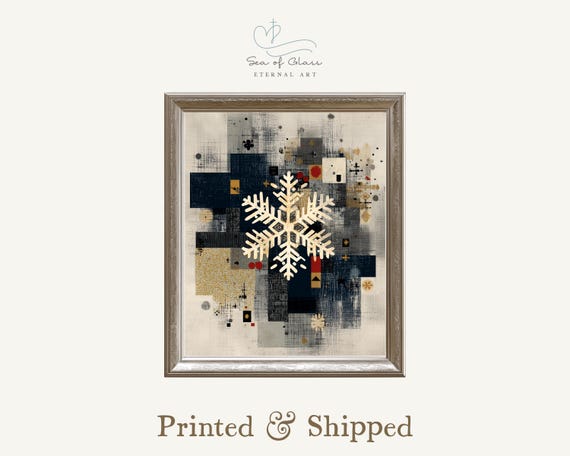 Rustic Snowflake Wall Art Print Vintage Farmhouse Christmas Decor Distressed Winter Illustration Cozy Neutral Tone Holiday
