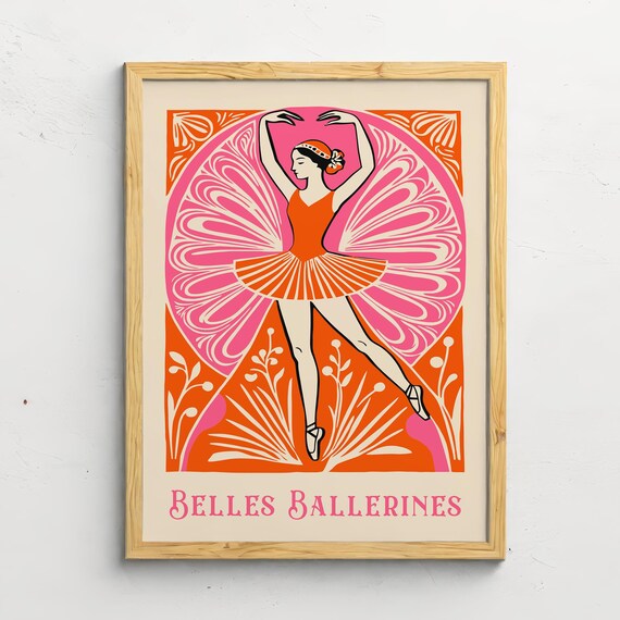Ballet Dance Poster Giclee Reproduction Retro Ballerina Wall Art Pink Large 24x36 Nursery Wall Art Ballerina Poster Pink Orange Print