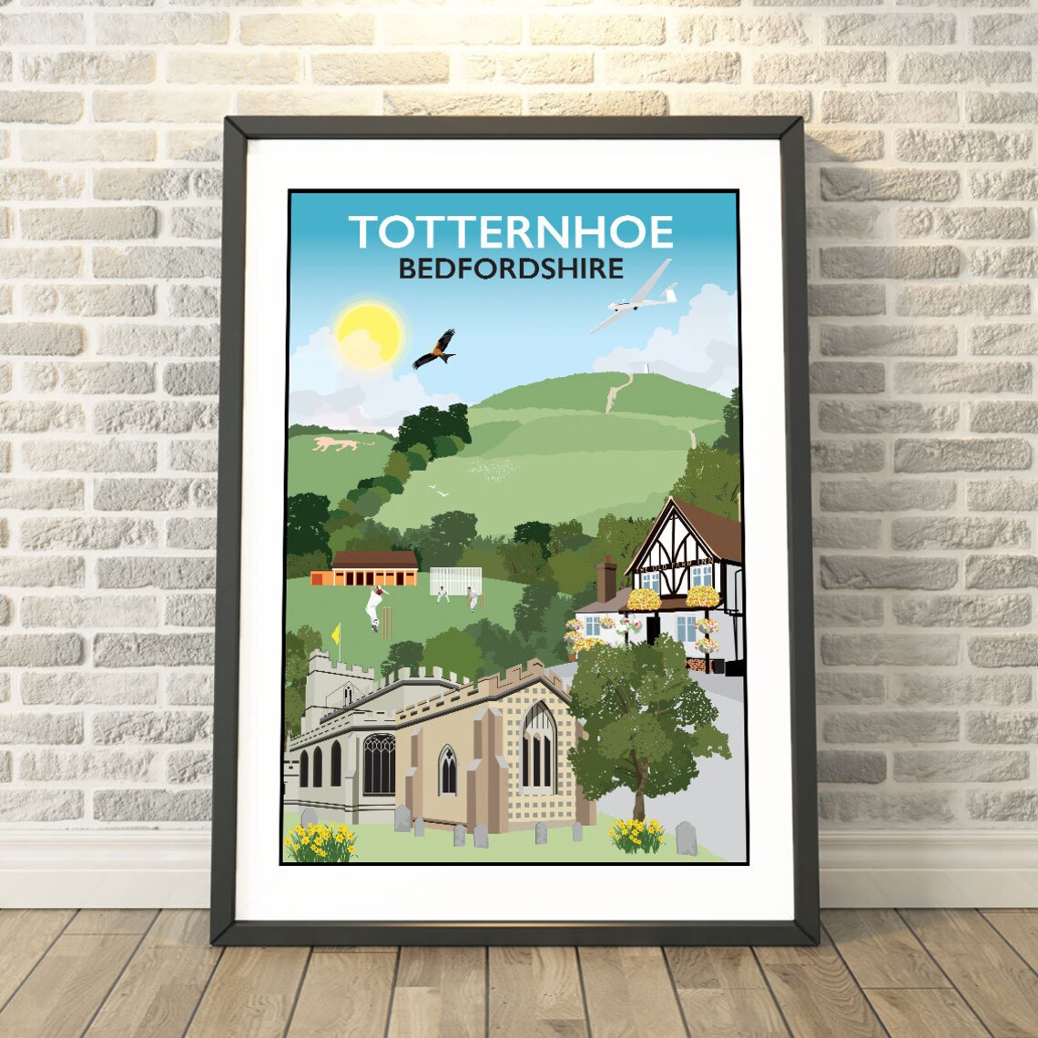 Totternhoe Bedfordshire Village Church Cricket Vintage Travel Poster