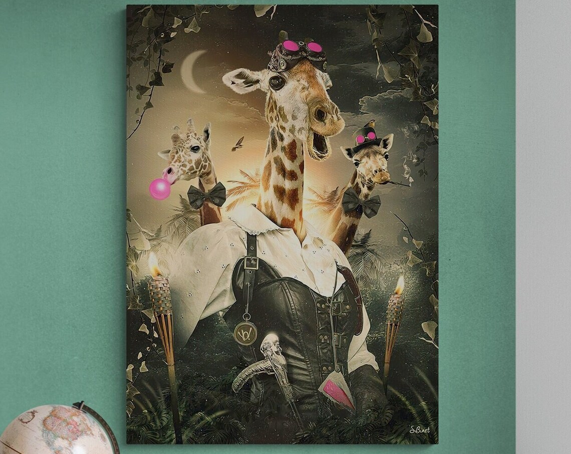 Surreal Giraffes Wearing Clothes Funny Animal Portrait Painting Wall Art - Image 3