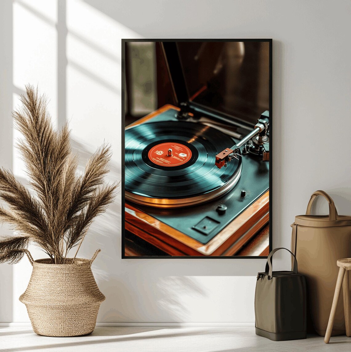 Orange Label Vinyl Record on Teal Turntable Retro Music Poster - Image 3
