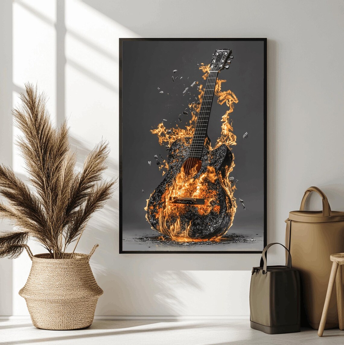 Acoustic Guitar in Flames Dark Background Dramatic Music Poster - Image 2