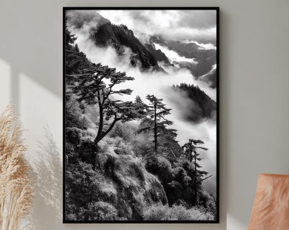 Forest Mountains Print Foggy Mountain Landscape Large Wall Art Green Forest Landscape Print Nature Picture