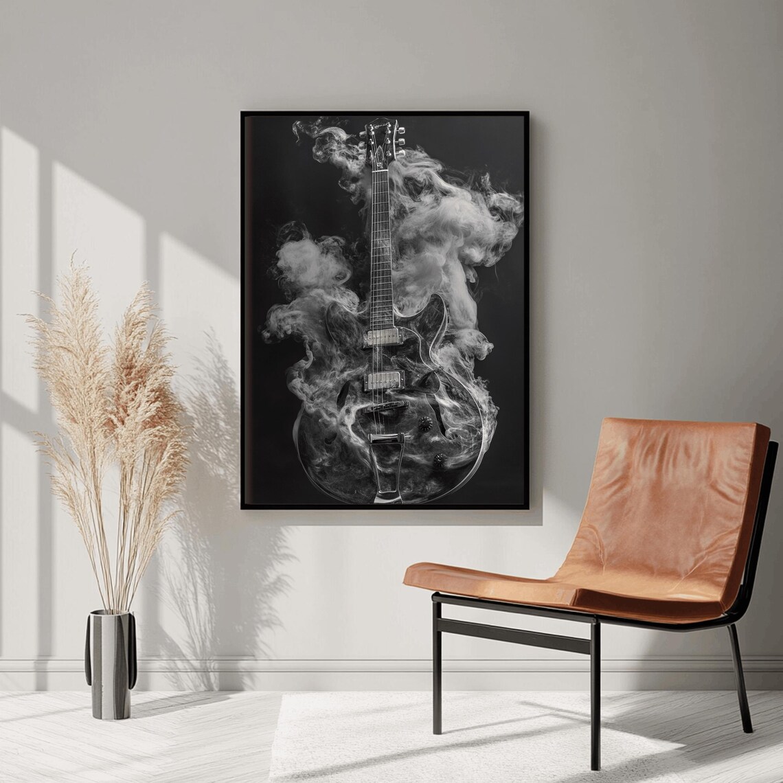 Electric Guitar Wrapped in Swirling Smoke Dark Background Music Poster - Image 3