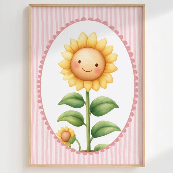 Sunflower Girl Nursery Decor Cute Baby Wall Art Striped Printprints Whimsical Prints