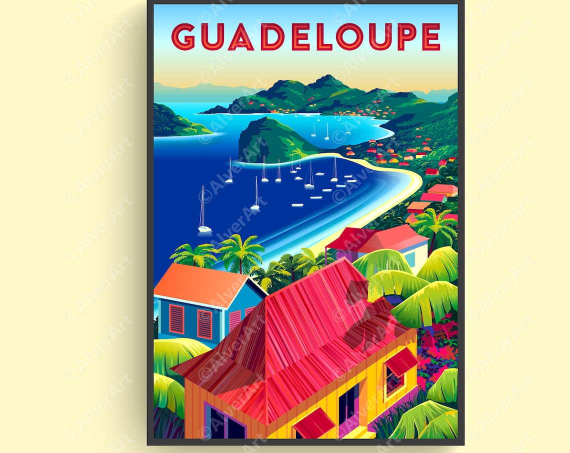 Guadeloupe Caribbean Bay Sailboats Vintage Tropical Travel Poster