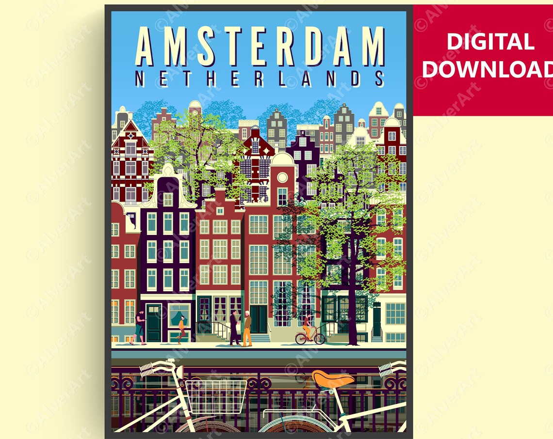 Amsterdam Netherlands Canal Houses Bicycles Vintage Travel Poster