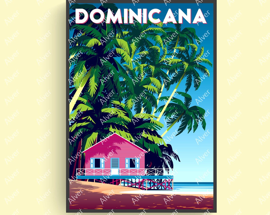 Dominicana Pink Beach House Palms Tropical Island Travel Poster