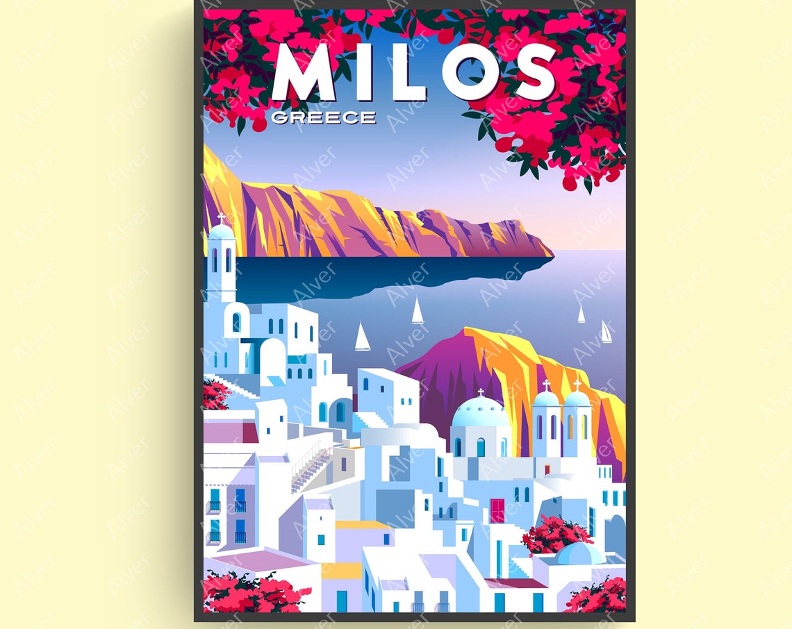 Milos Greece Whitewashed Village Sailboats Bougainvillea Poster