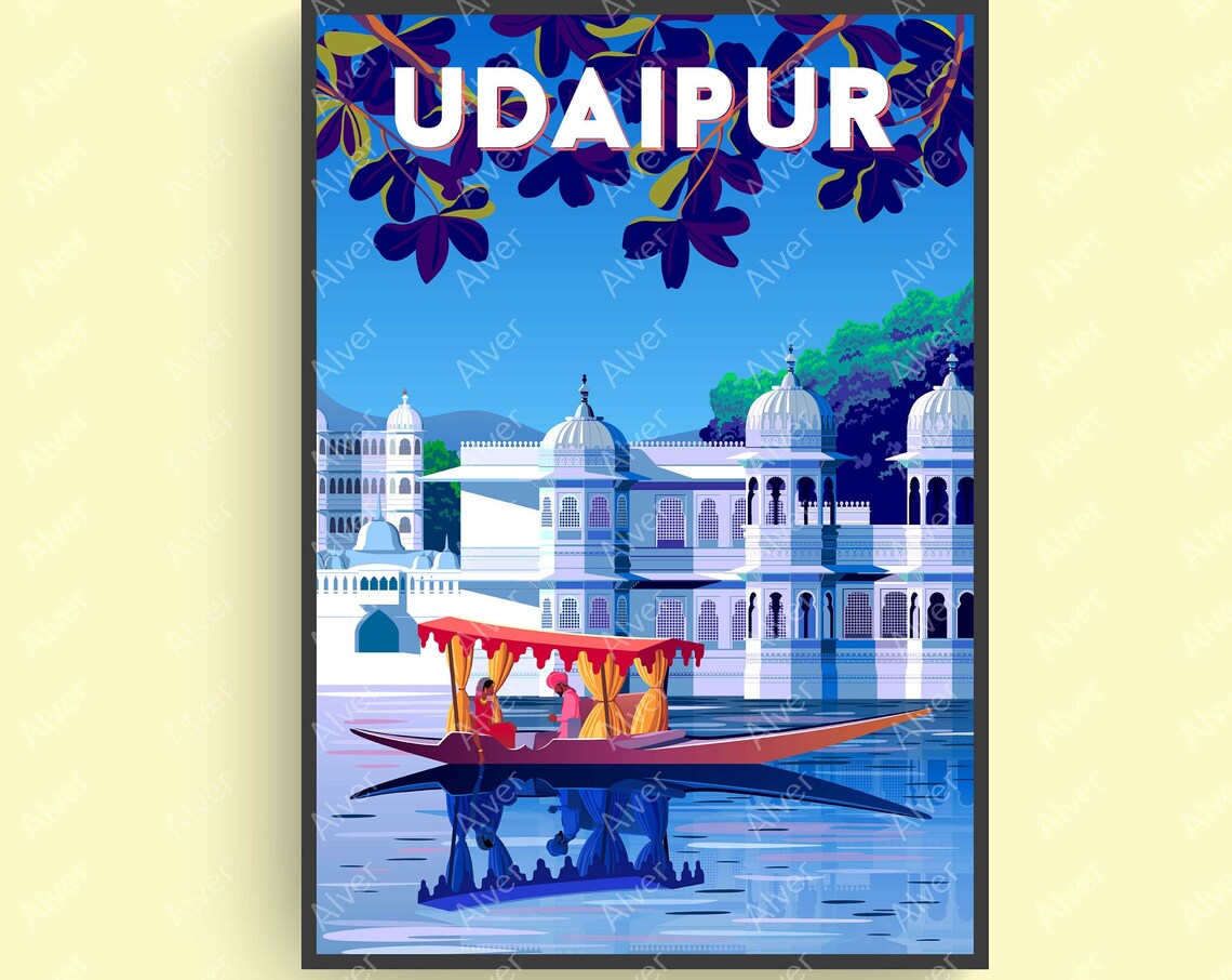 Udaipur Rajasthan Lake Pichola White Palace Boat Travel Poster