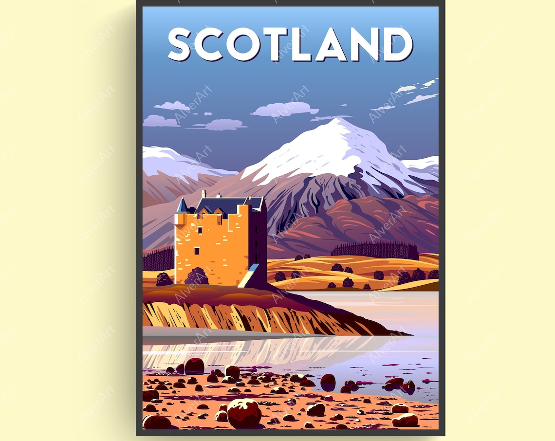 Scotland Castle By Loch Snowy Mountain Vintage Travel Poster